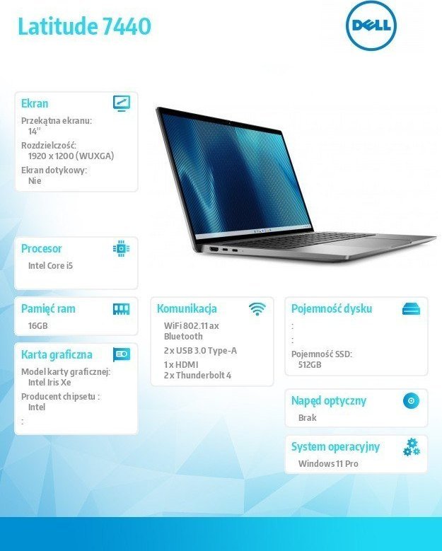 Laptop Dell Latitude 7440, 14.0", Intel Core i5-1345U, 16GB RAM, 512GB SSD