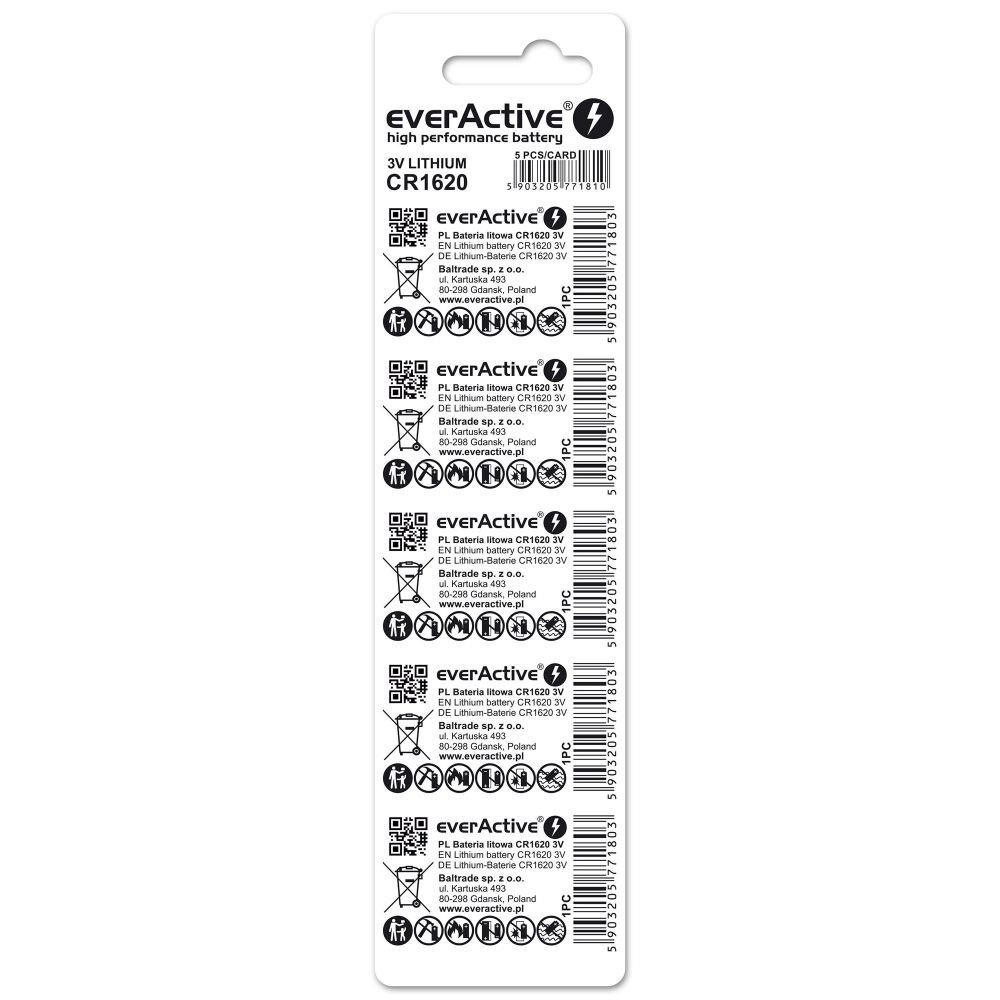 Bateri litium everActive CR1620, 3V, paketim 5 copë, argjendtë