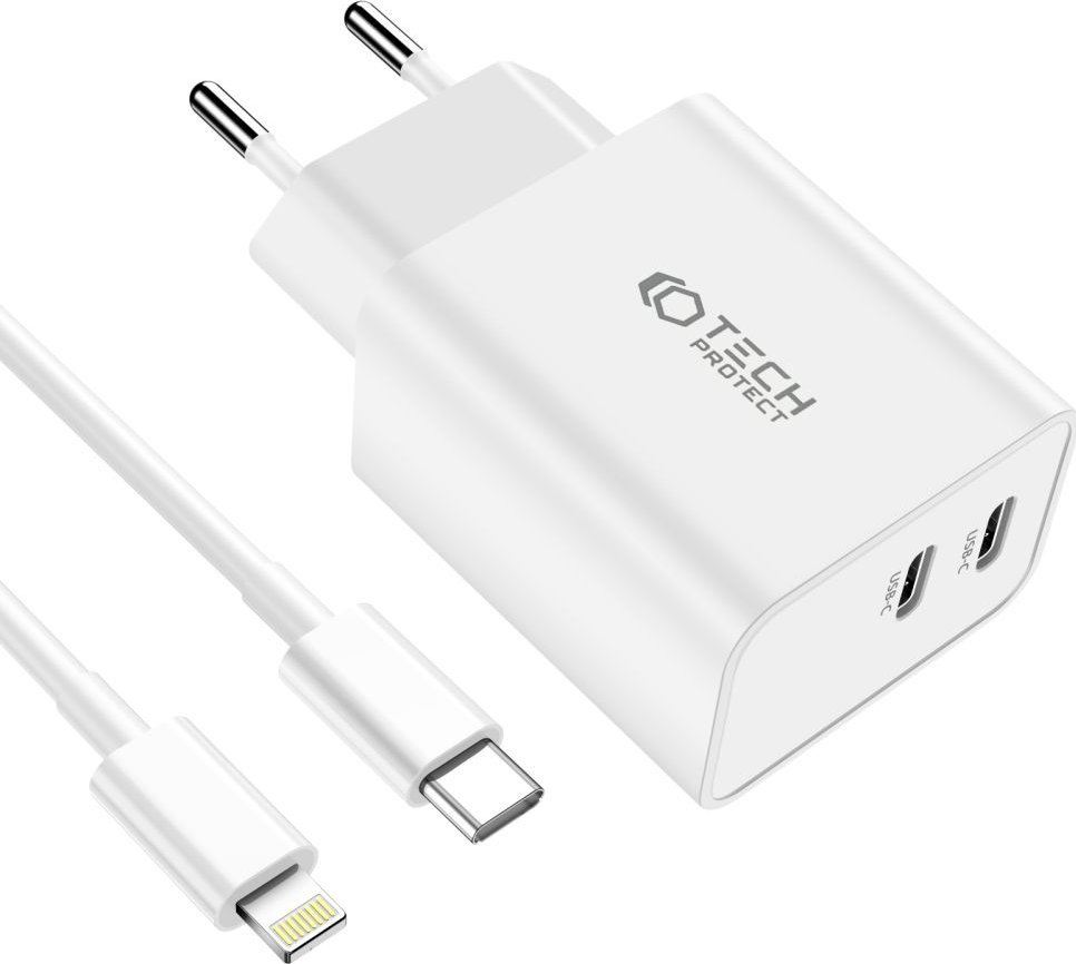 Karikues rrjeti Tech-Protect C35W, 35W PD, 2 porta USB-C me kabllo Lightning 1m, i bardhë