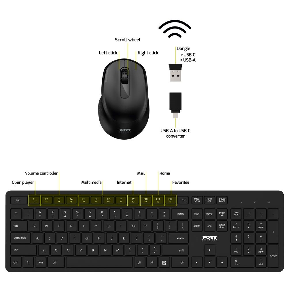 Tastierë me maus Port Designs 900904-US, e zezë