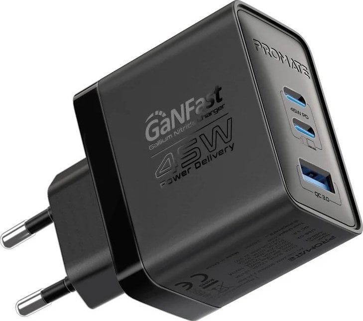 Полнач USB ProMate PowerPort 45, 45W GaN, 2x USB C PD и USB, црн
