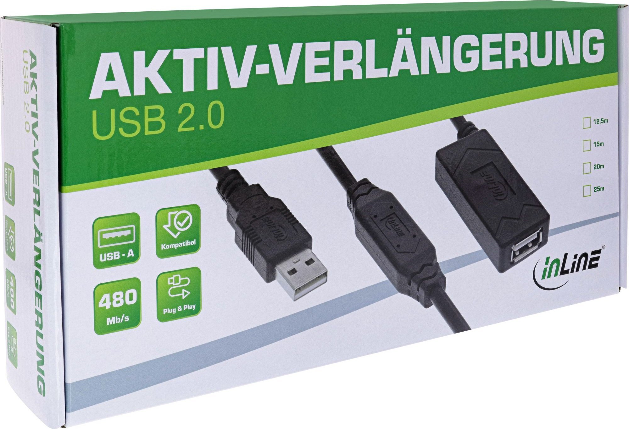 Kabllo zgjatues USB InLine USB 2.0 Active, 25m, 480 Mbit/s, i zi