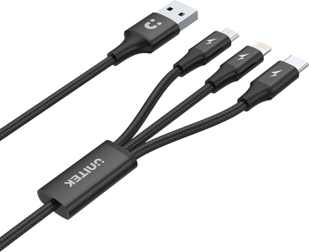 Kabllo Unitek USB-A - USB-C/microUSB/Lightning (C14049BK), 1.2 m, e zezë