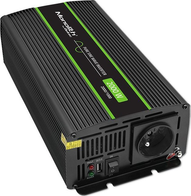 Invertor voltazhi Qoltec Monolith, 1000W 2000W, 12V në 230V, Pure Sine Wave