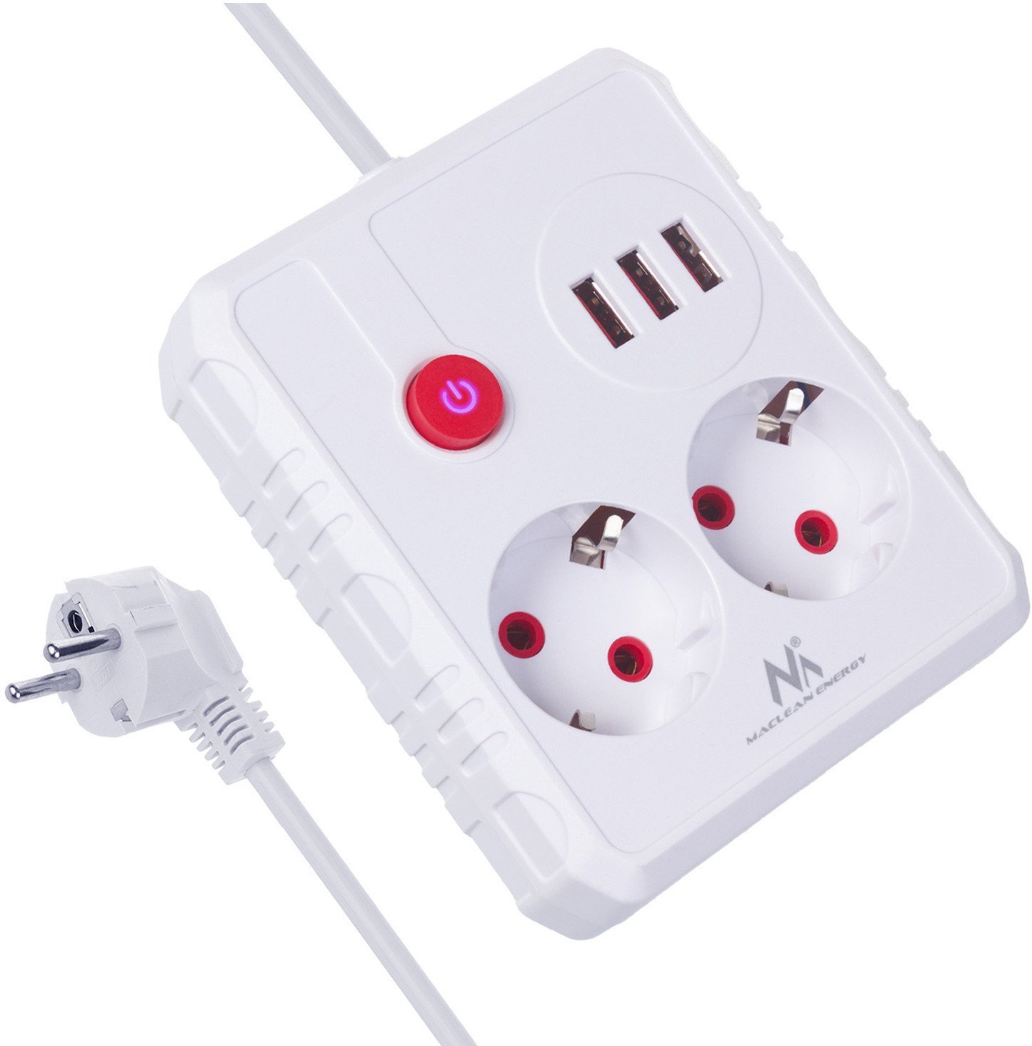 Prizë zgjatuese Maclean MCE387, 2 dalje, 3xUSB 2.1A, 1.5m, e bardhë