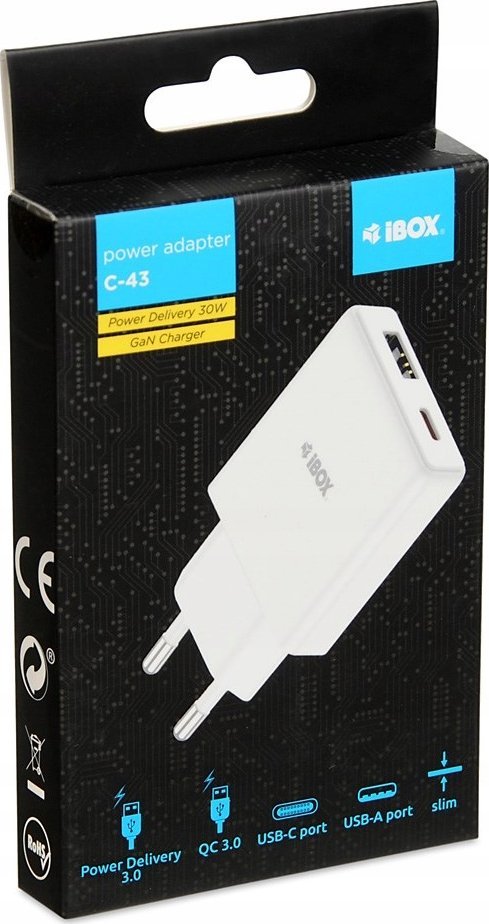 Karikues muror IBOX C-43 Slim GaN PD, 30W, USB-C, i bardhë