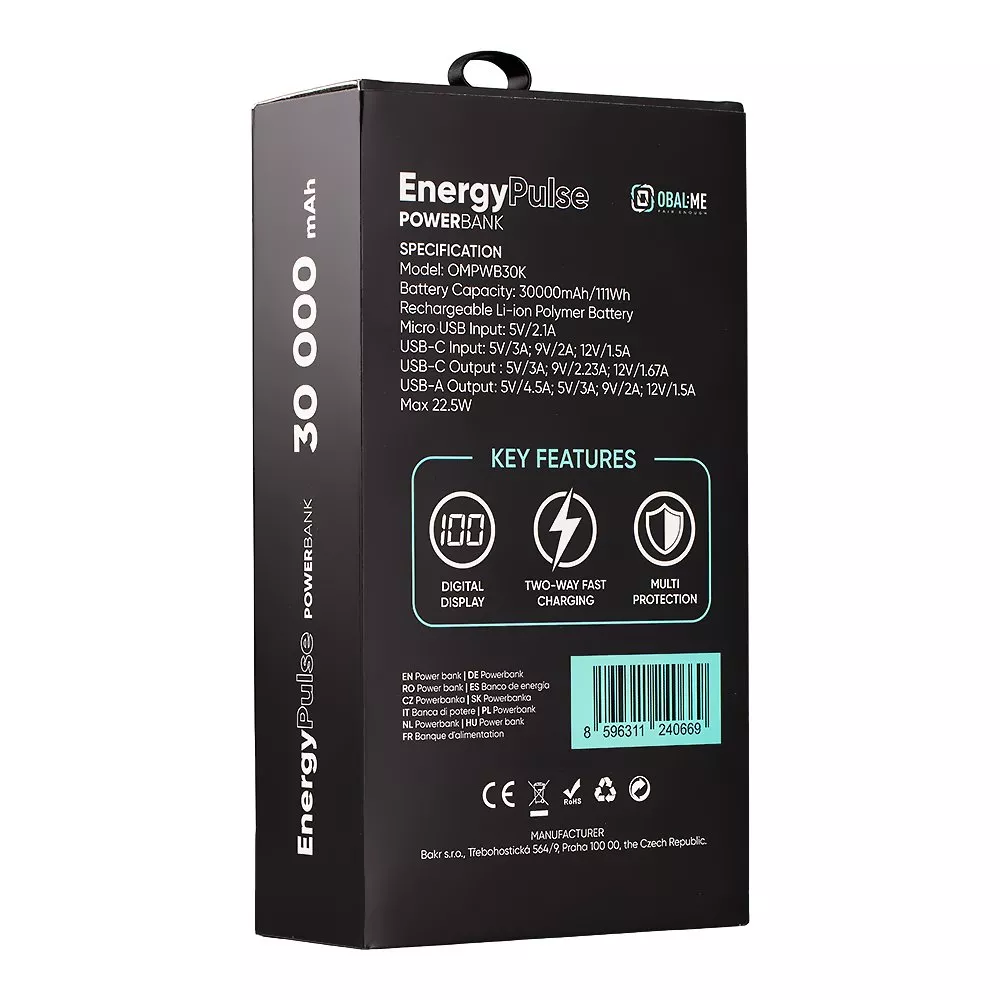 Powerbanka OBAL:ME EnergyPulse, 30000mAh, 22.5W, e zezë