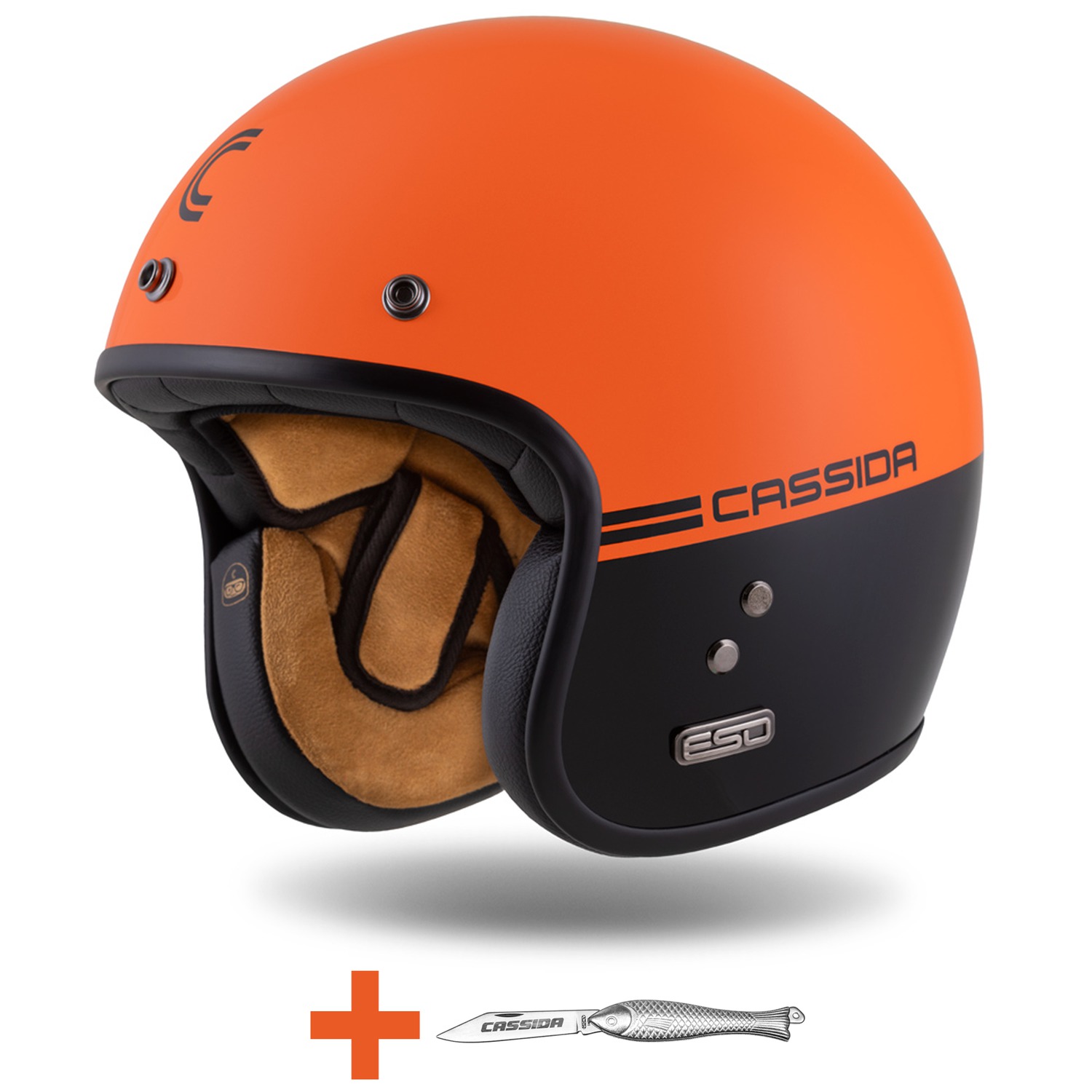 Helmetë moto CASSIDA ESO Super Hooligan, ECE 22.06, open face, e zezë portokalli perlë