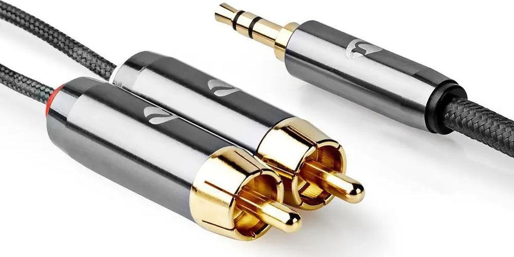 Kabllo audio Nedis Profigold, 1m, 2x RCA në 3.5mm, stereo, ari, najlon