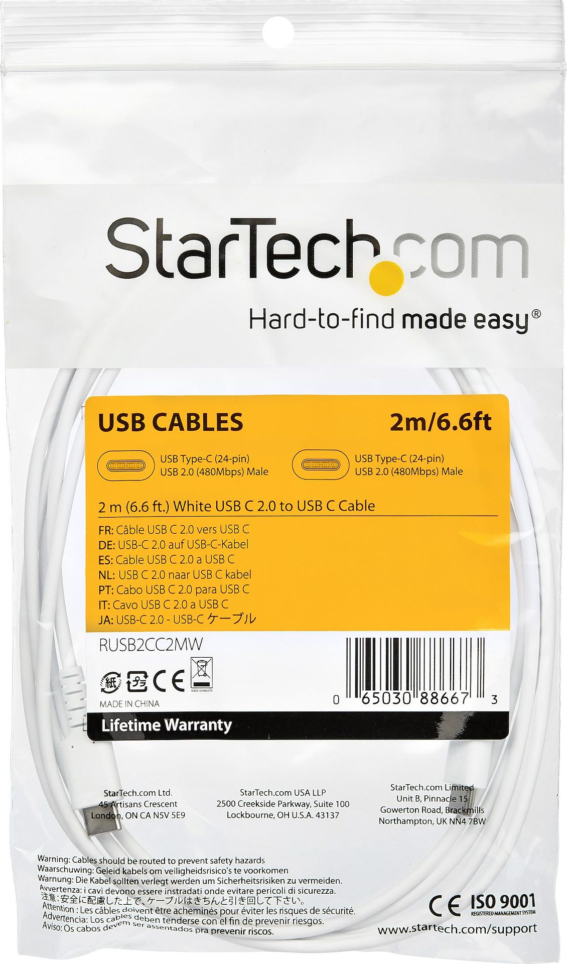 Kabllo karikimi StarTech USB C në USB C, 2m, 60W, e bardhë