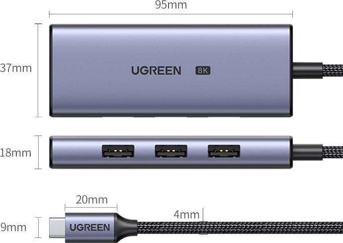 Hub USB C UGREEN CM500, 3x USB 3.0, HDMI 2.1 8K, gri