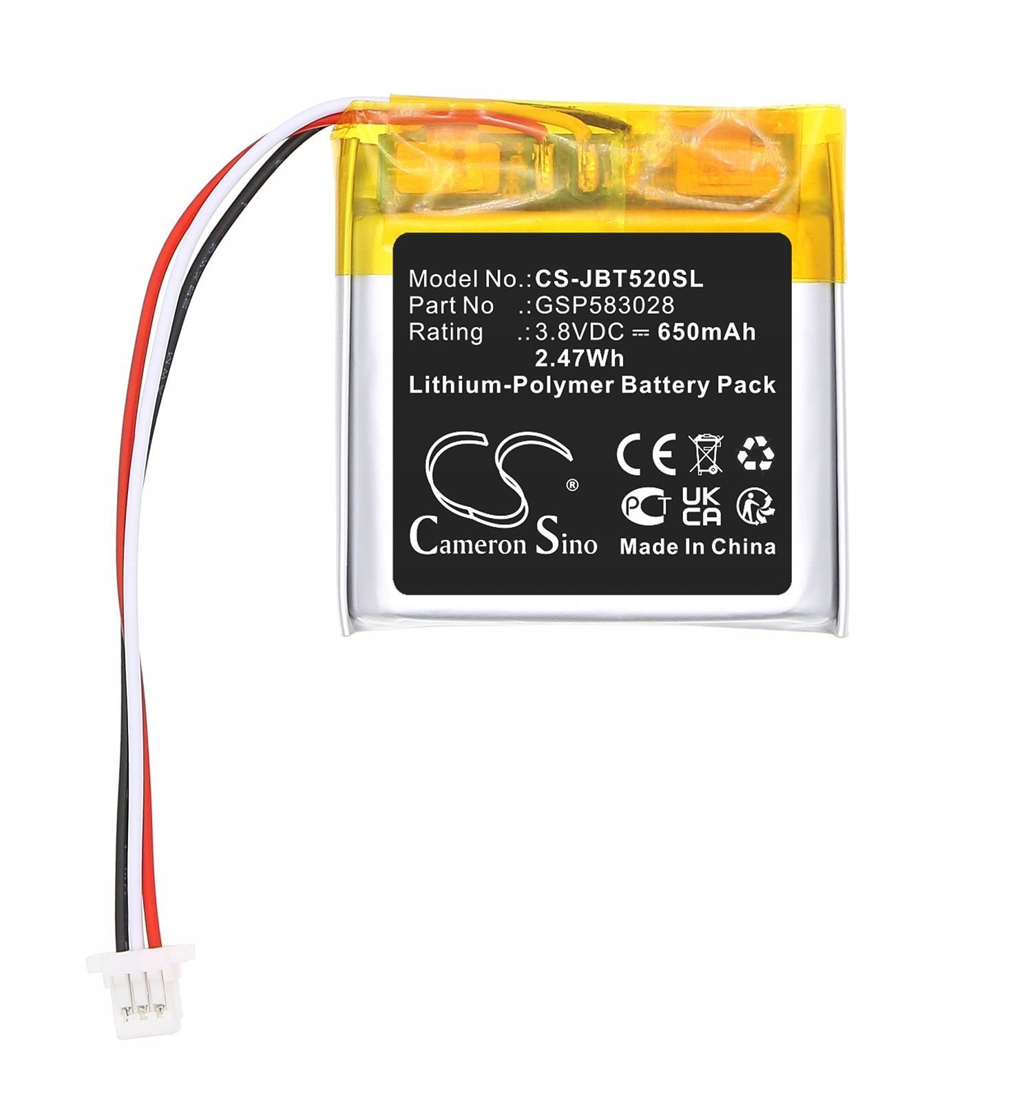 Bateri zëvendësuese Cameron Sino CS-JBT520SL për JBL Tune 520 BT, 650 mAh, LiPo