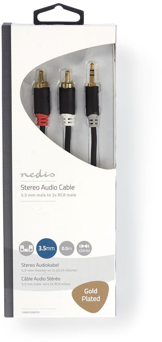 Kabllo audio OFC, 50cm, 3.5mm mashkull në 2xRCA mashkull, e zezë