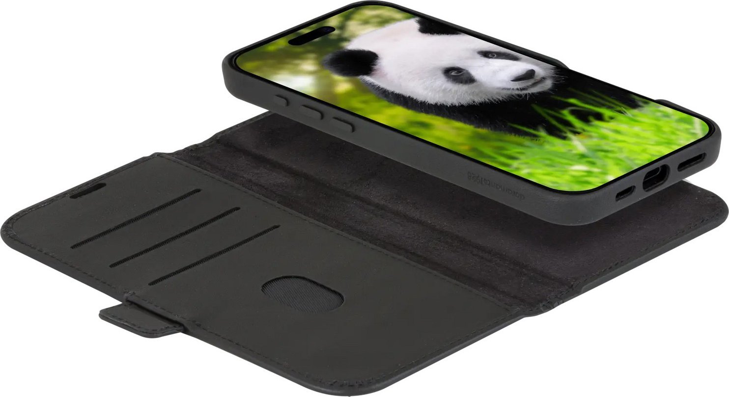 Mbulesë telefoni Dbramante1928 Lynge MagSafe për iPhone 16 Pro Max, lëkurë natyrale, portofol me karta, e zezë