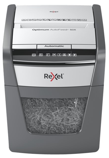 Grirës dokumentesh Rexel Optimum AutoFeed+ 50X, 50 fletë, kosh 20L, gri