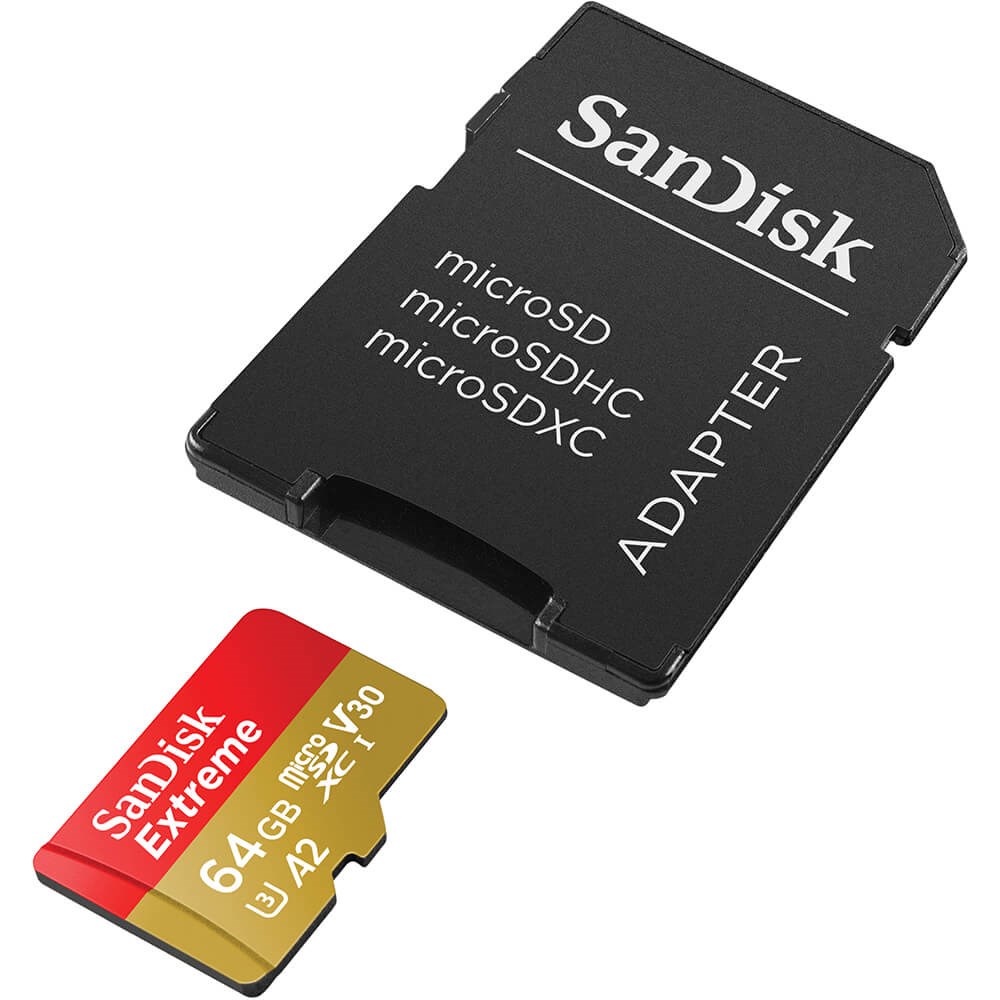 Kartë e memories SanDisk Extreme, MicroSDXC, 64 GB, Class 10 + përshtatës SD