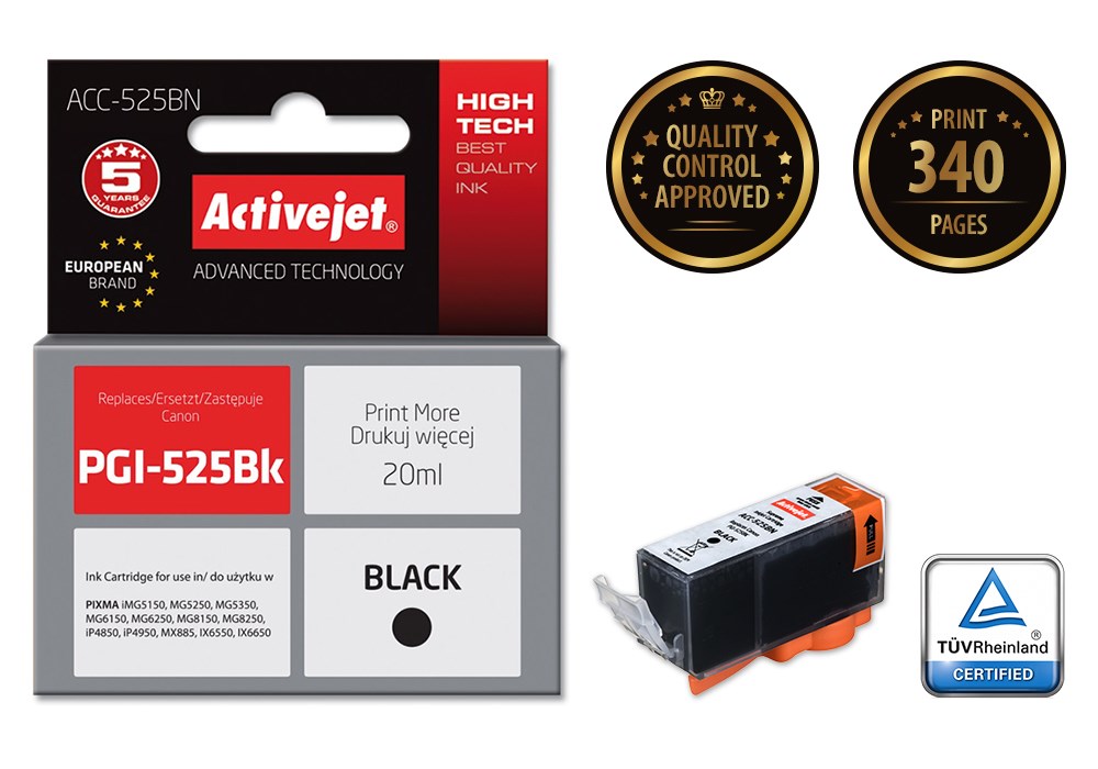 Ngjyrë për printer Activejet ACC-525BN (zëvendësim për Canon PGI-525Bk), 20 ml, e zezë