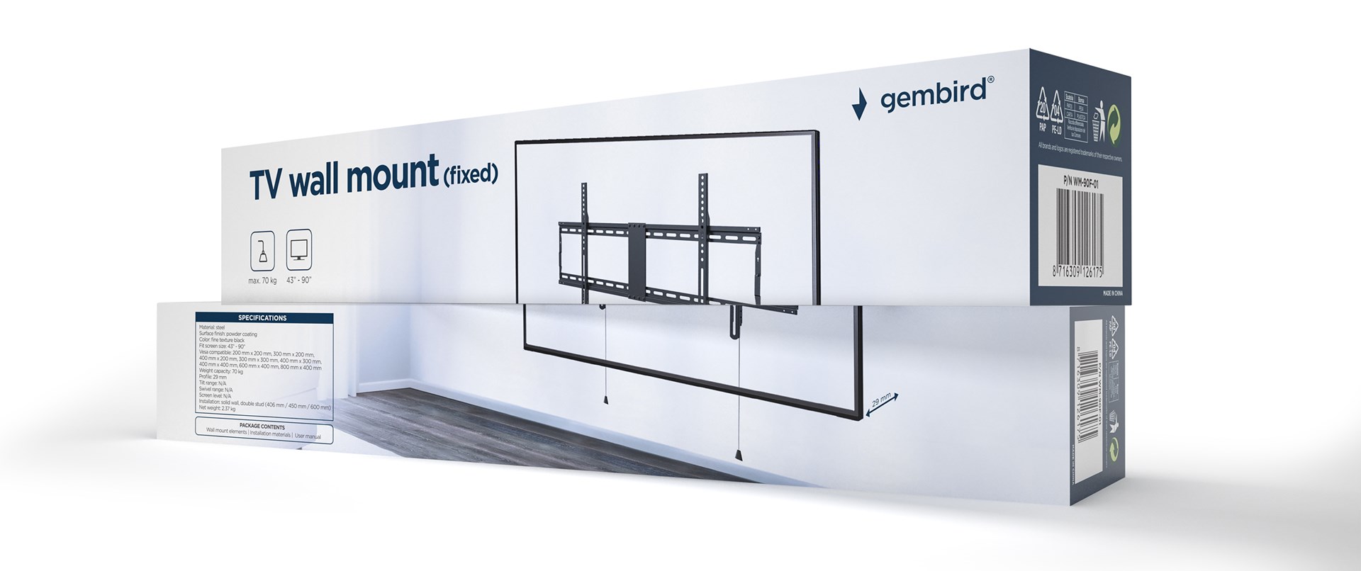 Mbajtëse muri për TV Gembird WM-90F-01, 43-90", VESA 800x400, 70kg, e zezë